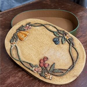 Vintage Plant  Flowers Lidded Cardboard Oval  Box Green/Okhra Hand Painted